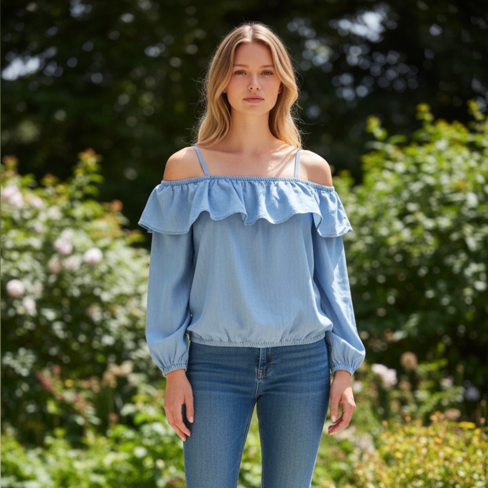 Michael Kors Denim Blue Ruffle Blouse